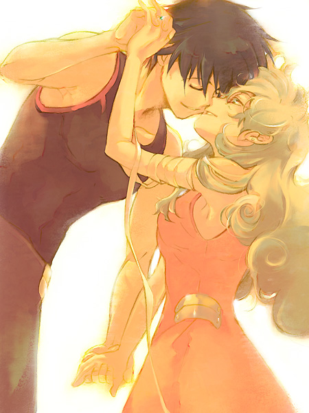 akutsu (yuumi), nia teppelin, simon (ttgl), tengen toppa gurren lagann, 00s, 1boy, 1girl, bandaged arm, bandages, couple, cowboy shot, dress, from below, from side, hetero, holding hands, jewelry, leaning on person, ornate ring, ring, simple background, white background
