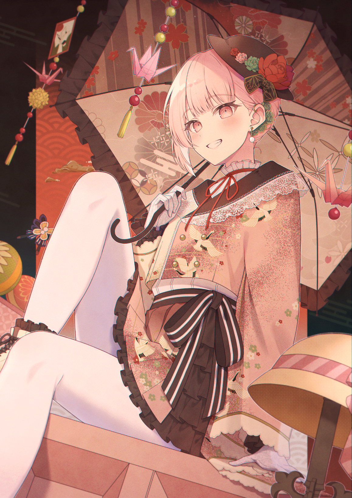 amai melo, akiyama mizuki, project sekai, commentary request, highres, 1other, :d, ankle boots, asymmetrical hair, black border, black bow, black hat, black sailor collar, black skirt, black socks, blunt bangs, blush, boots, border, bow, brown hat, buttons, choker, chromatic aberration, double-breasted, dutch angle, ear piercing, earrings, film grain, floral print, floral print jacket, flower, foot out of frame, frilled shirt, frilled skirt, frilled socks, frilled umbrella, frills, from below, gloves, gold buttons, grey umbrella, grin, hair behind ear, hand up, hat, hat bow, hat flower, hat tip, holding, holding umbrella, jacket, jewelry, kawaranu atatakasa no tonari de (project sekai), knee up, lace-trimmed sailor collar, lace-up boots, lace trim, layered sleeves, long sleeves, looking at viewer, official alternate costume, official alternate hair length, official alternate hairstyle, open mouth, origami, other focus, outline, outside border, pantyhose, paper crane, piercing, pink eyes, pink hair, pink jacket, pink overskirt, pleated skirt, raised eyebrows, red background, red choker, red flower, red ribbon, red rose, ribbon, rose, sailor collar, shirt, short hair, simple background, single sidelock, sitting, skirt, smile, socks, socks over pantyhose, solo, turtleneck, turtleneck shirt, umbrella, unworn hat, unworn headwear, white boots, white gloves, white outline, white pantyhose, white shirt