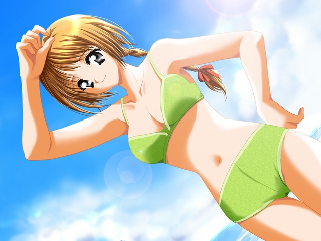 kouno yukiyo, umi no megami sora no megami, game cg, non-web source, 1girl, bikini, black eyes, braid, breasts, brown hair, cleavage, cloud, day, dutch angle, female focus, green bikini, large breasts, long hair, ponytail, shorts, solo, swimsuit