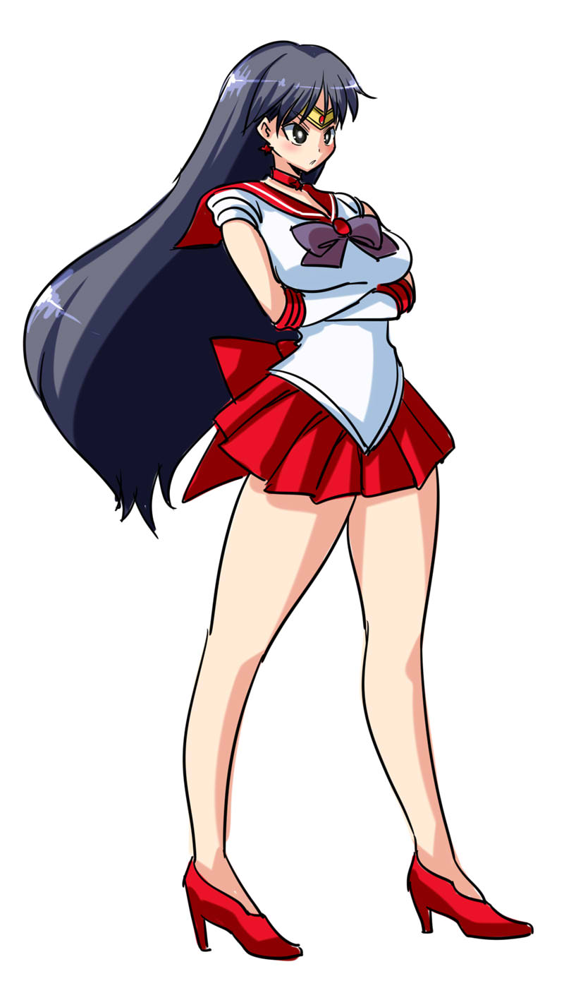 itini-sanshi, hino rei, sailor mars, bishoujo senshi sailor moon, commentary request, highres, 1girl, arms under breasts, black eyes, black hair, bow, bowtie, breasts, circlet, closed mouth, elbow gloves, full body, gloves, high heels, long hair, looking afar, medium breasts, pleated skirt, purple bow, purple bowtie, red sailor collar, red shoes, red skirt, sailor collar, sailor senshi uniform, shirt, shoes, short sleeves, skirt, solo, v-shaped eyebrows, very long hair, white gloves, white shirt