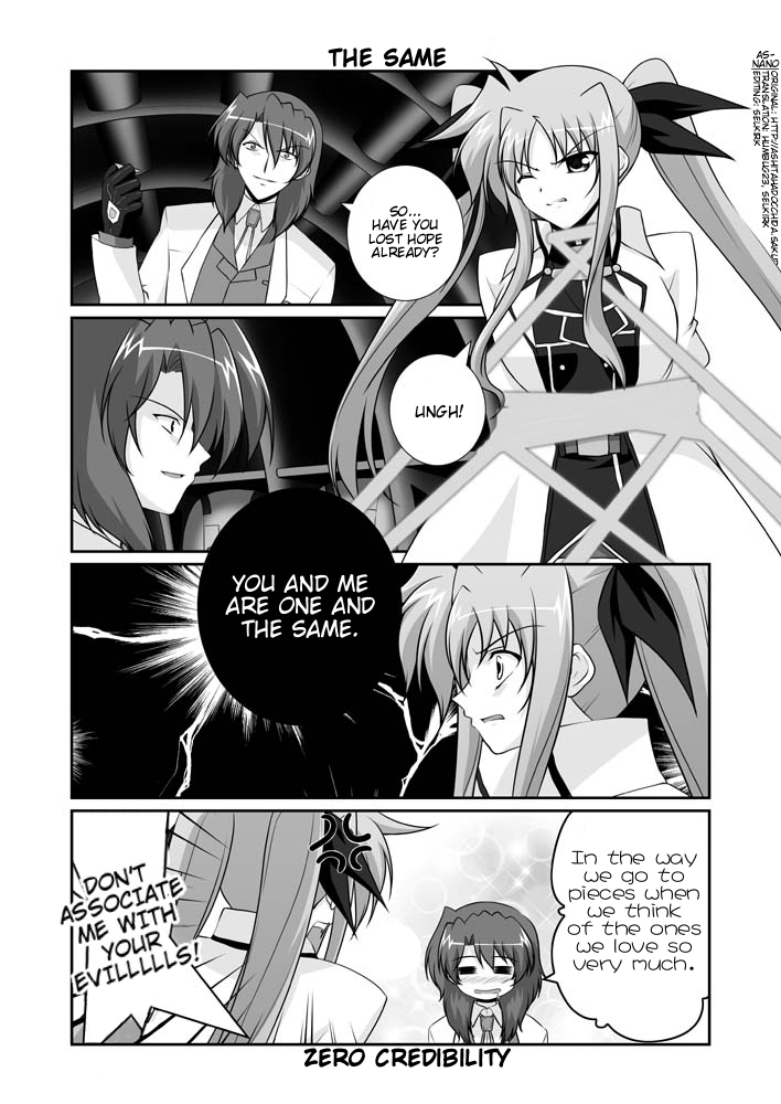 mikage takashi, bardiche (nanoha), fate testarossa, fate testarossa (impulse form), jail scaglietti, lyrical nanoha, mahou shoujo lyrical nanoha, mahou shoujo lyrical nanoha strikers, hard-translated, third-party edit, translated, 00s, 1boy, 1girl, = =, anger vein, bound, cape, coat, comic, drooling, english text, gloves, greyscale, lab coat, magical girl, monochrome, one eye closed, tied up (nonsexual), twintails