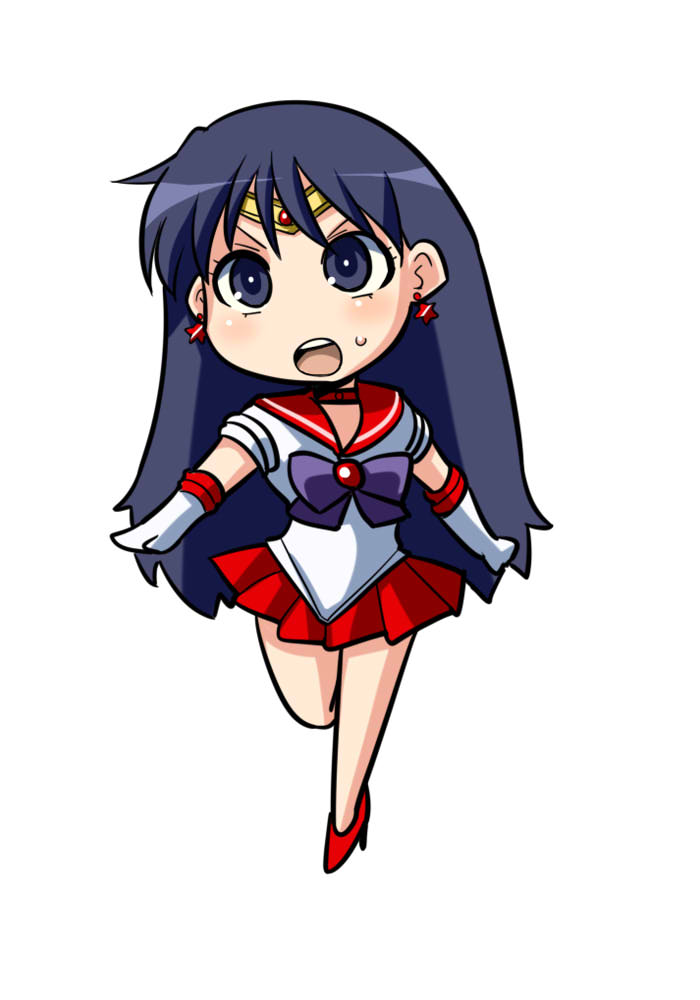 itini-sanshi, hino rei, sailor mars, bishoujo senshi sailor moon, commentary request, 1girl, black eyes, black hair, bow, bowtie, chibi, chibi only, circlet, earrings, elbow gloves, full body, gloves, high heels, jewelry, long hair, looking at viewer, open mouth, pleated skirt, purple bow, purple bowtie, red sailor collar, red shoes, red skirt, sailor collar, sailor senshi uniform, shirt, shoes, short sleeves, simple background, skirt, solo, star (symbol), star earrings, very long hair, walking, white background, white gloves, white shirt