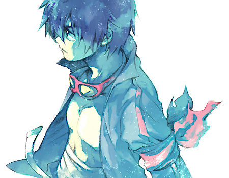 akutsu (yuumi), simon (ttgl), tengen toppa gurren lagann, lowres, 00s, 1boy, blue hair, male focus, simple background, solo, upper body, white background