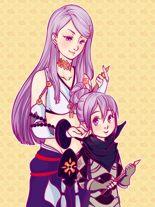 female kana (fire emblem), orochi (fire emblem), fire emblem, fire emblem fates, nintendo, japanese clothes, mother and daughter, pointy ears, purple eyes, purple hair