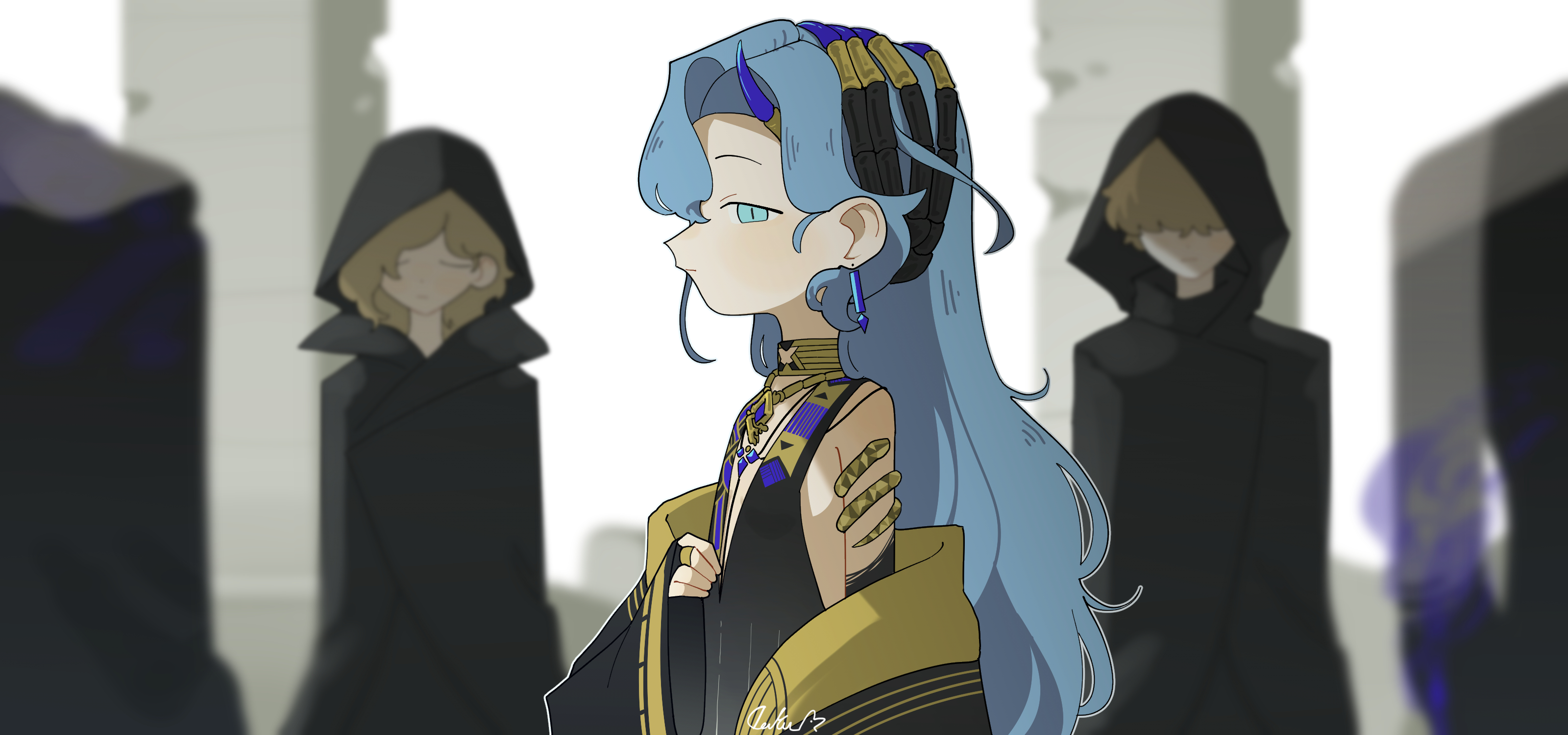 daku k, 37 (reverse:1999), reverse:1999, absurdres, highres, 1boy, 2girls, 2others, bare shoulders, black robe, blue eyes, blue hair, blurry, blurry background, blurry foreground, choker, dark persona, depth of field, earrings, from side, green choker, hair ornament, hand up, hood, hood up, jewelry, long hair, looking at viewer, multiple girls, multiple others, profile, robe, solo focus, upper body, white background