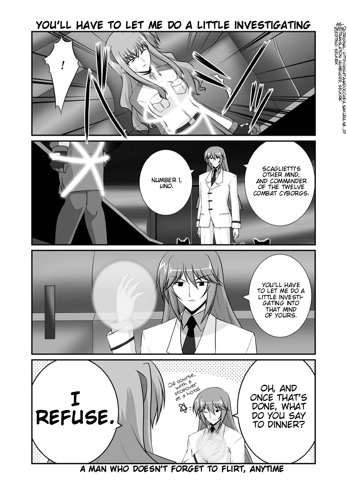 mikage takashi, numbers (nanoha), uno (nanoha), verossa acous, lyrical nanoha, mahou shoujo lyrical nanoha, mahou shoujo lyrical nanoha strikers, hard-translated, third-party edit, translated, 00s, 1boy, 1girl, bound, closed eyes, comic, energy ball, english text, gloves, greyscale, military, military uniform, monochrome, one eye closed, pantyhose, tied up (nonsexual)
