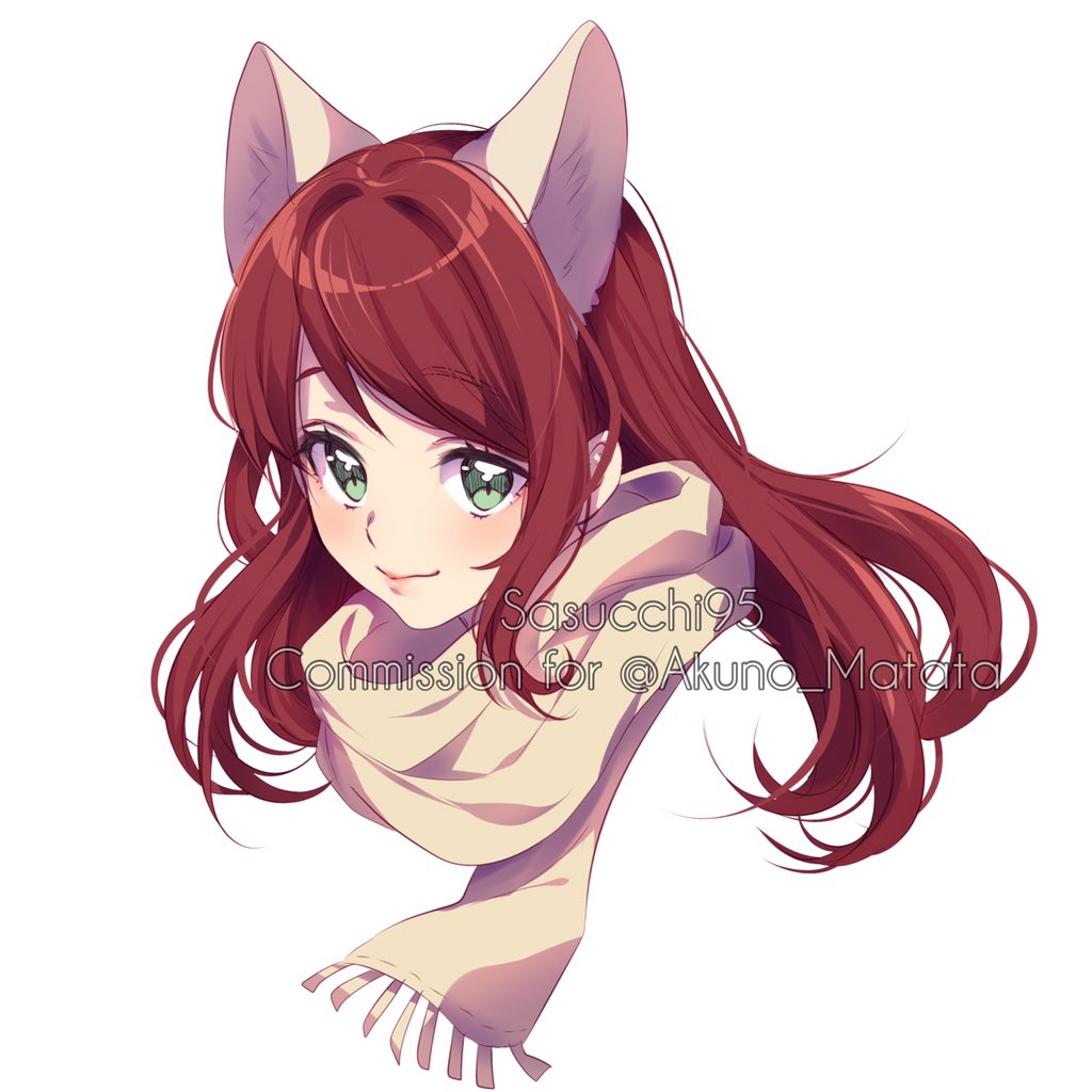 sasucchi95, original, commentary, commission, english commentary, 1girl, animal ears, artist name, blush, closed mouth, cropped head, extra ears, from above, green eyes, lips, long hair, looking at viewer, red hair, scarf, sidelocks, simple background, smile, solo, swept bangs, watermark, white background, wolf ears, yellow scarf