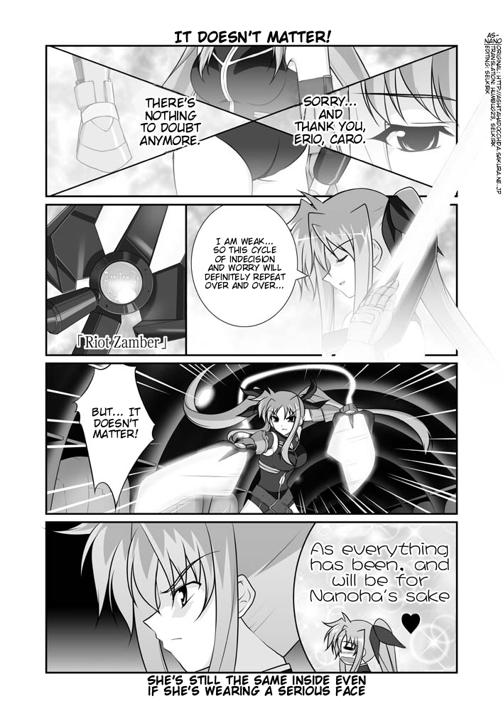 mikage takashi, bardiche (nanoha), bardiche (riot zanber stinger) (nanoha), fate testarossa, fate testarossa (true sonic form), lyrical nanoha, mahou shoujo lyrical nanoha, mahou shoujo lyrical nanoha strikers, hard-translated, third-party edit, translated, 00s, 1girl, = =, ass, belt, blush, closed eyes, comic, dual wielding, energy sword, english text, gauntlets, greyscale, heart, holding, magical girl, monochrome, sword, twintails, weapon