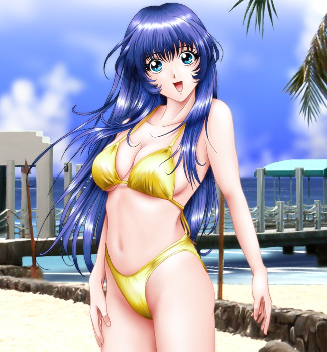 toshipiyo, misumaru yurika, kidou senkan nadesico, non-web source, 1girl, beach, bikini, blue eyes, blue hair, day, female focus, long hair, outdoors, solo, swimsuit, yellow bikini