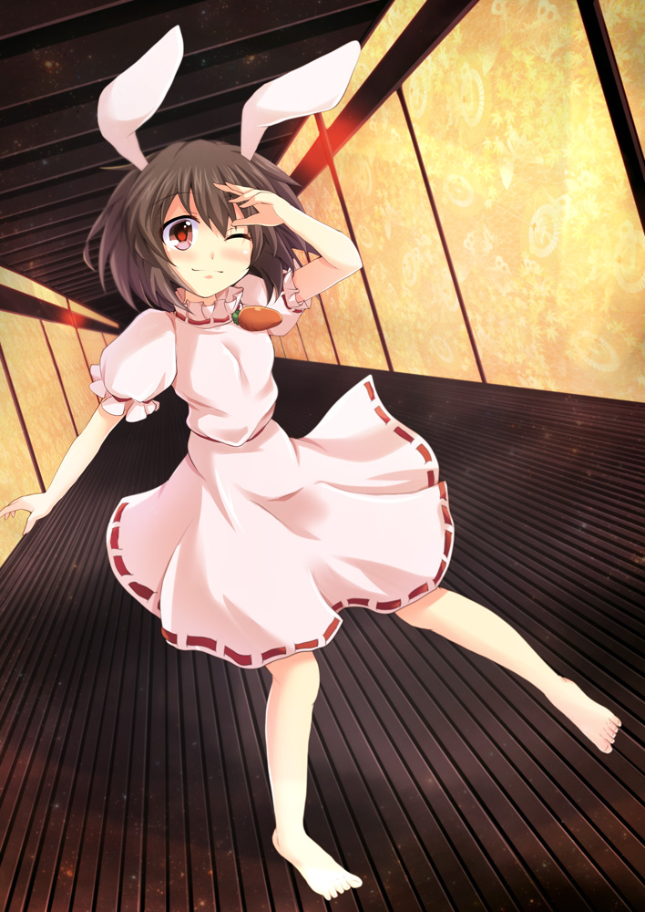 cross (crossryou), inaba tewi, touhou, commentary request, 1girl, animal ears, barefoot, blush, brown hair, carrot necklace, dress, eientei, full body, hallway, hand up, jewelry, knees, leaf print, light smile, maple leaf print, necklace, one eye closed, pink dress, puffy short sleeves, puffy sleeves, rabbit ears, rabbit girl, red eyes, ribbon-trimmed dress, ribbon trim, shading eyes, short hair, short sleeves, solo, wooden ceiling, wooden floor