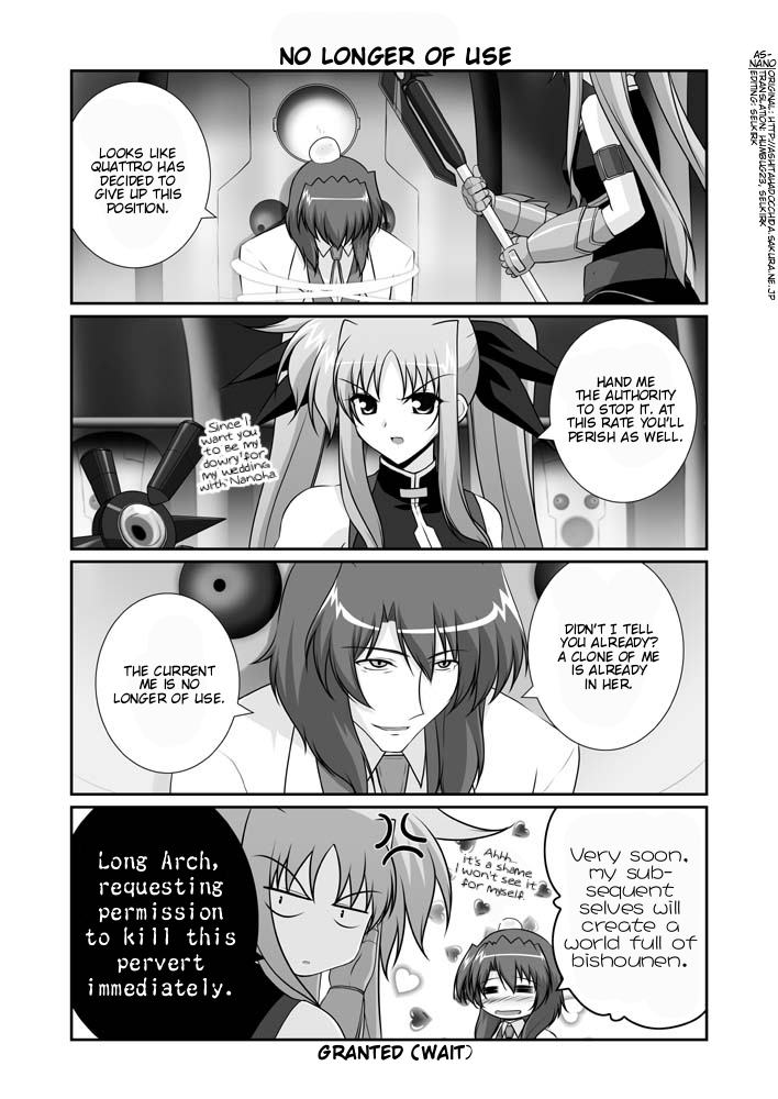 mikage takashi, bardiche (nanoha), fate testarossa, jail scaglietti, lyrical nanoha, mahou shoujo lyrical nanoha, mahou shoujo lyrical nanoha strikers, hard-translated, third-party edit, translated, 00s, 2girls, = =, anger vein, arm belt, belt, blush, bound, comic, english text, gauntlets, greyscale, magical girl, monochrome, multiple girls, tied up (nonsexual), twintails