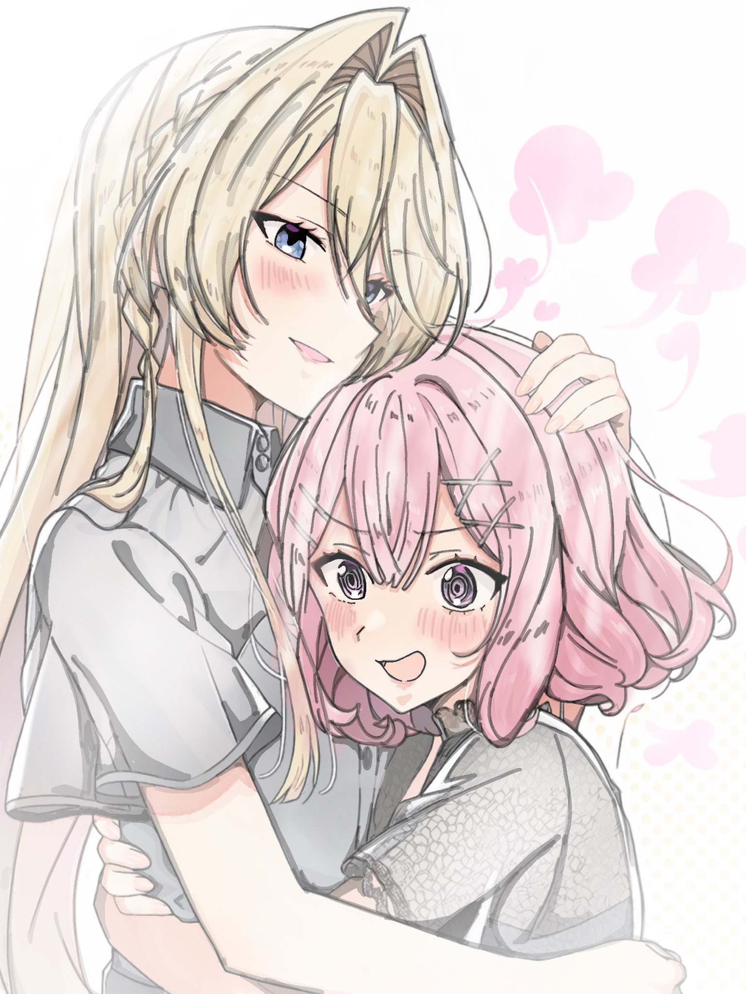 wtsino, amaori renako, ouzuka mai, watashi ga koibito ni nareru wake naijan murimuri!, hashtag-only commentary, highres, 2girls, :d, black shirt, blonde hair, blue eyes, blush, braid, collared shirt, couple, dotted background, double-parted bangs, furrowed brow, hair between eyes, hair intakes, hair ornament, half crown braid, hand on another's head, height difference, hug, long hair, multiple girls, mutual hug, open mouth, pink hair, profile, purple eyes, shirt, short hair, short sleeves, sidelocks, sideways mouth, simple background, smile, smirk, upper body, white background, wing collar, x hair ornament, yuri