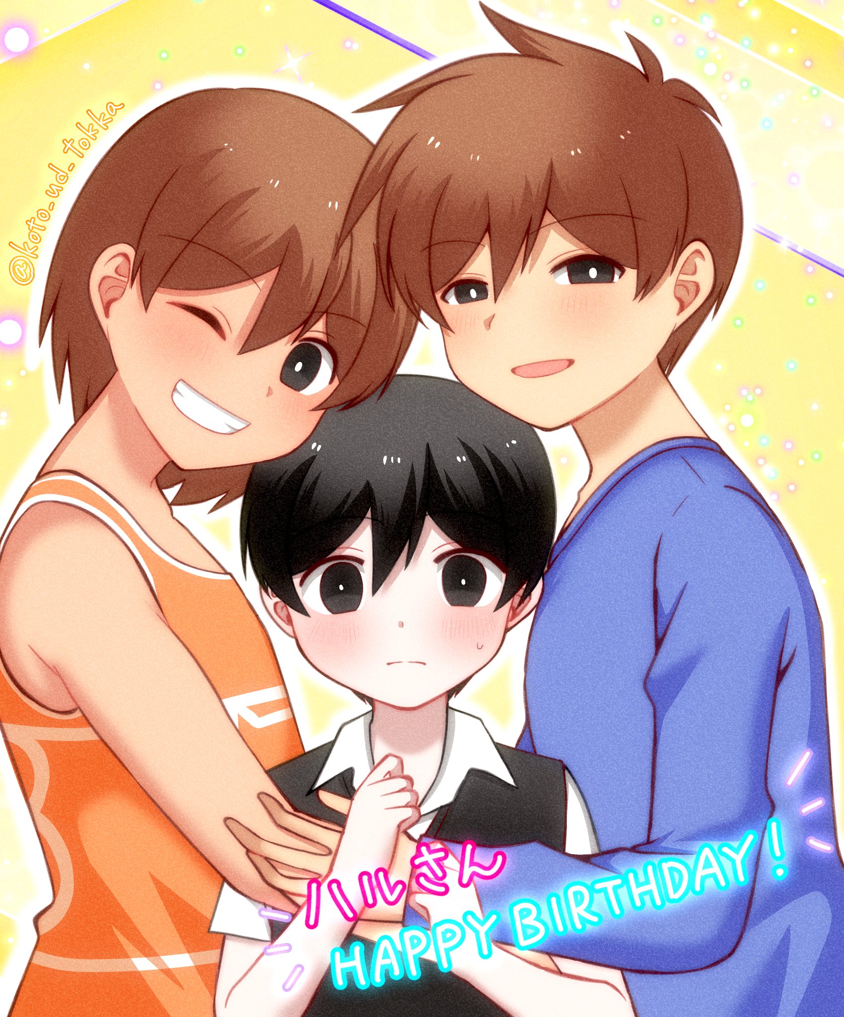 hisaho, hero (faraway) (omori), hero (omori), kel (faraway) (omori), kel (omori), sunny (omori), omori, highres, 3boys, antenna hair, black eyes, black hair, black sweater vest, blue sweater, blush, bright pupils, brothers, brown hair, collared shirt, dark-skinned male, dark skin, double-parted bangs, gift art, grin, hair between eyes, long sleeves, looking at viewer, male focus, multiple boys, one eye closed, open mouth, shirt, short sleeves, siblings, smile, sweater, sweater vest, teeth, twitter username, white pupils, white shirt, yaoi