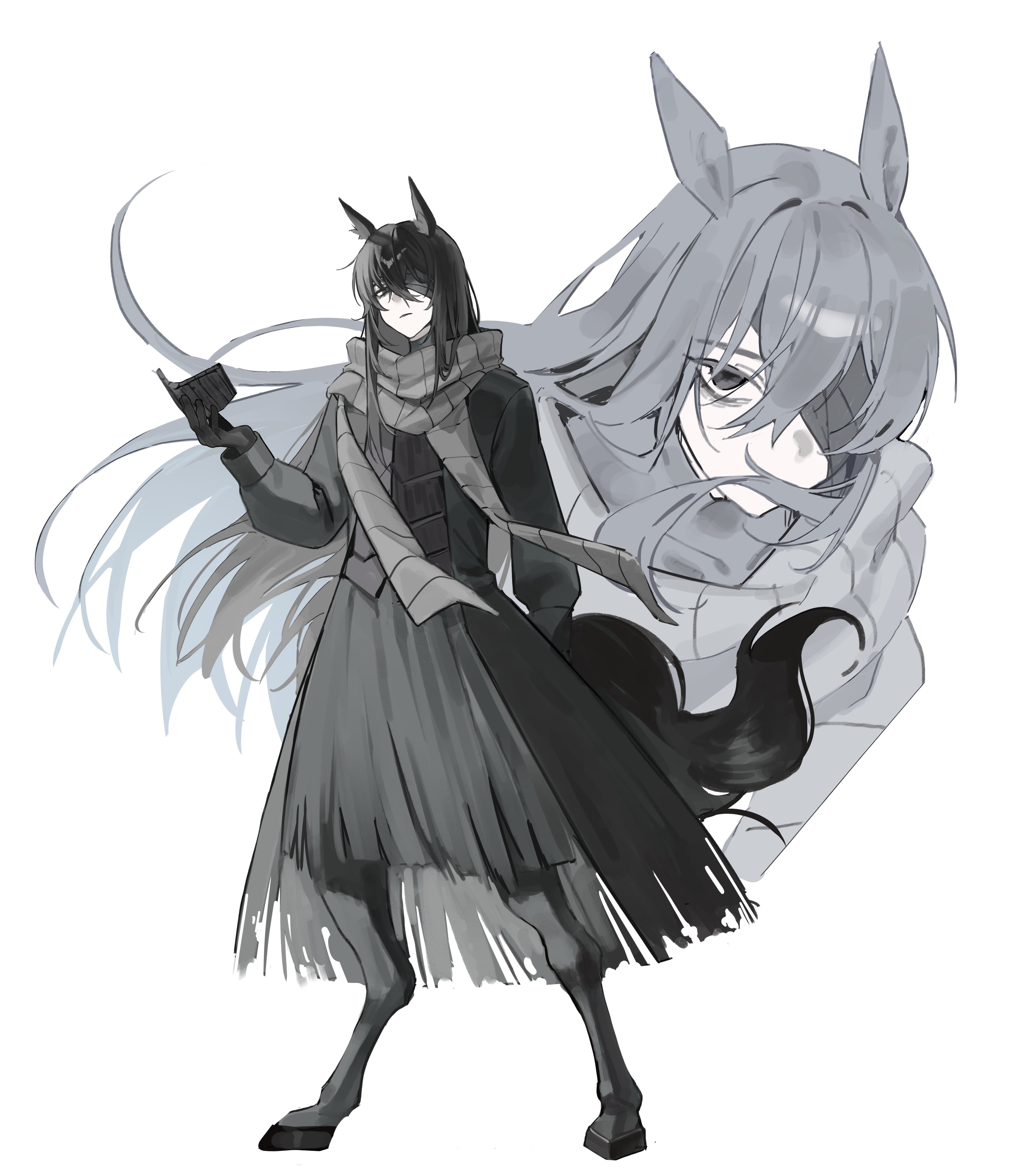 may.l, yi sang (project moon), limbus company, project moon, absurdres, highres, 1boy, animal ears, animal legs, bandage over one eye, black eyes, black hair, grey hanfu, grey scarf, heishou pack-wu branch (identity) (project moon), horse boy, horse ears, long hair, long sleeves, looking at viewer, male focus, multiple views, scarf, simple background, solo, white background