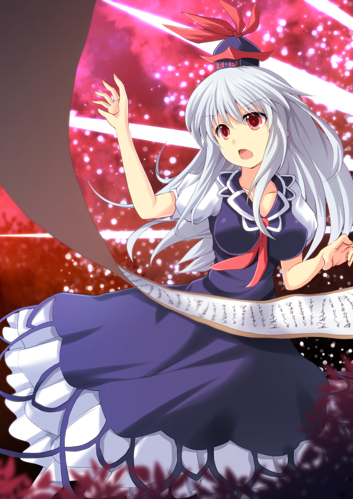 cross (crossryou), kamishirasawa keine, touhou, commentary request, 1girl, blue dress, blue hat, blurry, breasts, depth of field, dress, grey hair, hands up, hat, hat ribbon, laser, light particles, long dress, long hair, looking to the side, medium breasts, neckerchief, open mouth, puffy short sleeves, puffy sleeves, red background, red eyes, red neckerchief, red ribbon, ribbon, scroll, short sleeves, solo, white sleeves