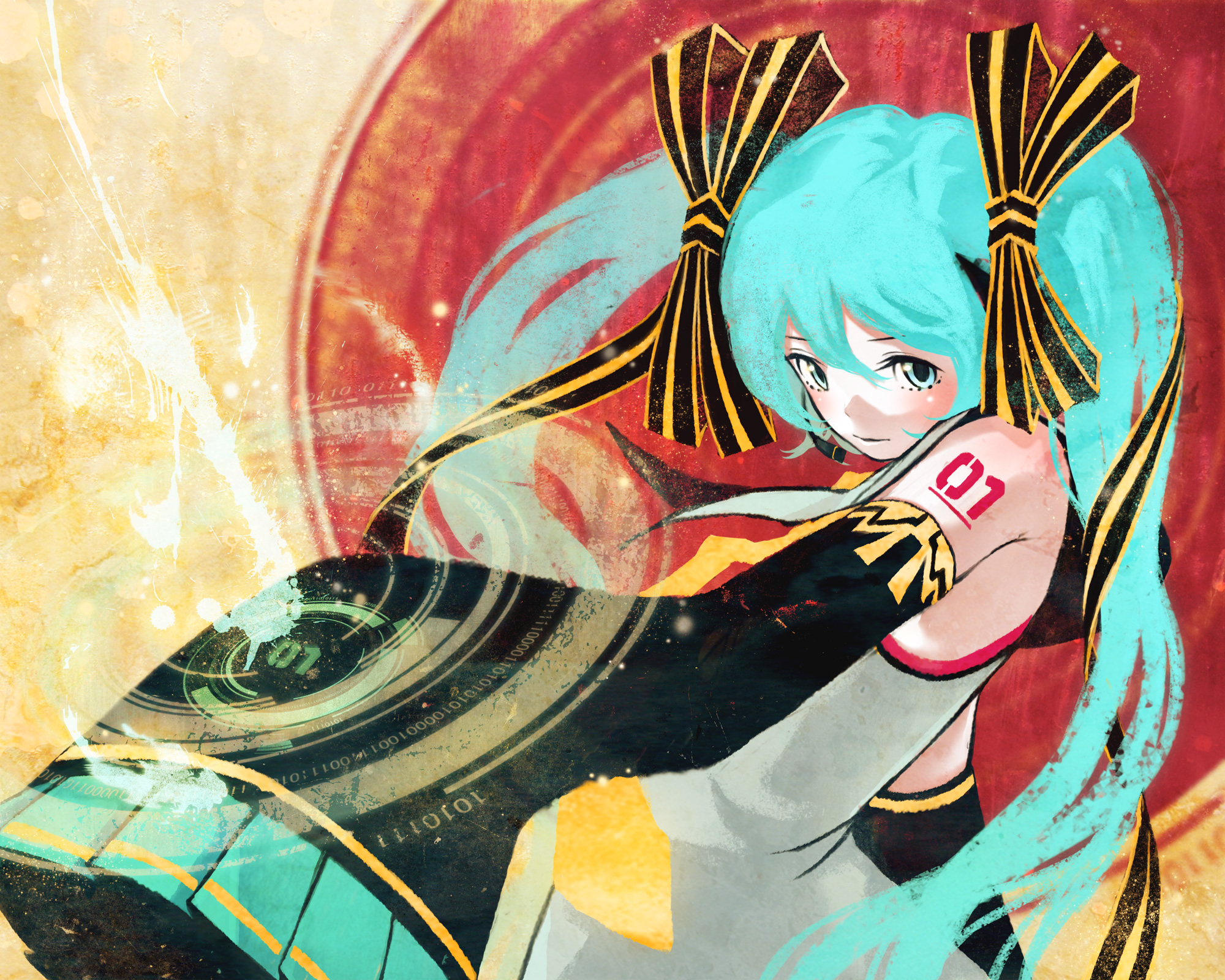sakamoto himemi, hatsune miku, vocaloid, bad id, bad pixiv id, highres, 1girl, aqua eyes, aqua hair, detached sleeves, female focus, long hair, looking at viewer, microphone, necktie, solo, twintails