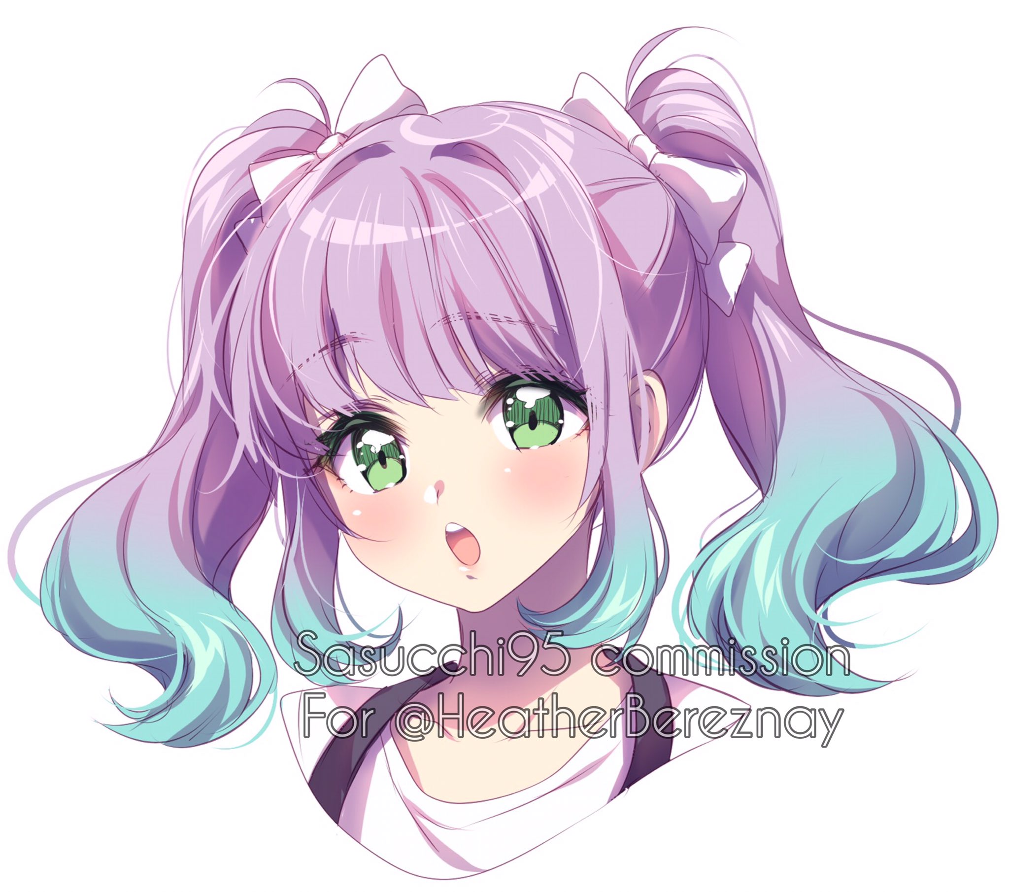 sasucchi95, original, commentary, commission, english commentary, highres, 1girl, :o, aqua hair, artist name, blush, bow, cropped shoulders, gradient hair, green eyes, hair between eyes, hair bow, hair intakes, looking at viewer, medium hair, multicolored hair, open mouth, purple hair, raised eyebrows, shirt, sidelocks, simple background, solo, suspenders, swept bangs, teeth, tongue, twintails, two-tone hair, upper teeth only, watermark, wavy hair, white bow, white shirt
