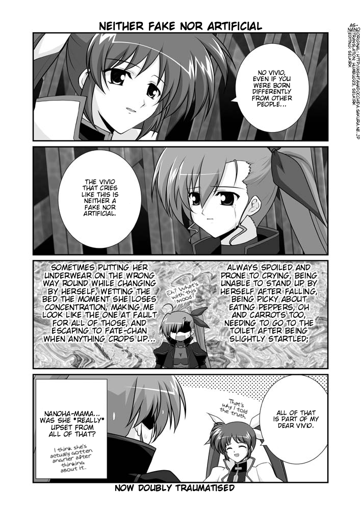 mikage takashi, takamachi nanoha, vivio, lyrical nanoha, mahou shoujo lyrical nanoha, mahou shoujo lyrical nanoha strikers, hard-translated, third-party edit, translated, 00s, 2girls, aged up, ahoge, closed eyes, comic, english text, greyscale, jacket, magical girl, monochrome, multiple girls, open clothes, open jacket, shaded face, side ponytail, twintails