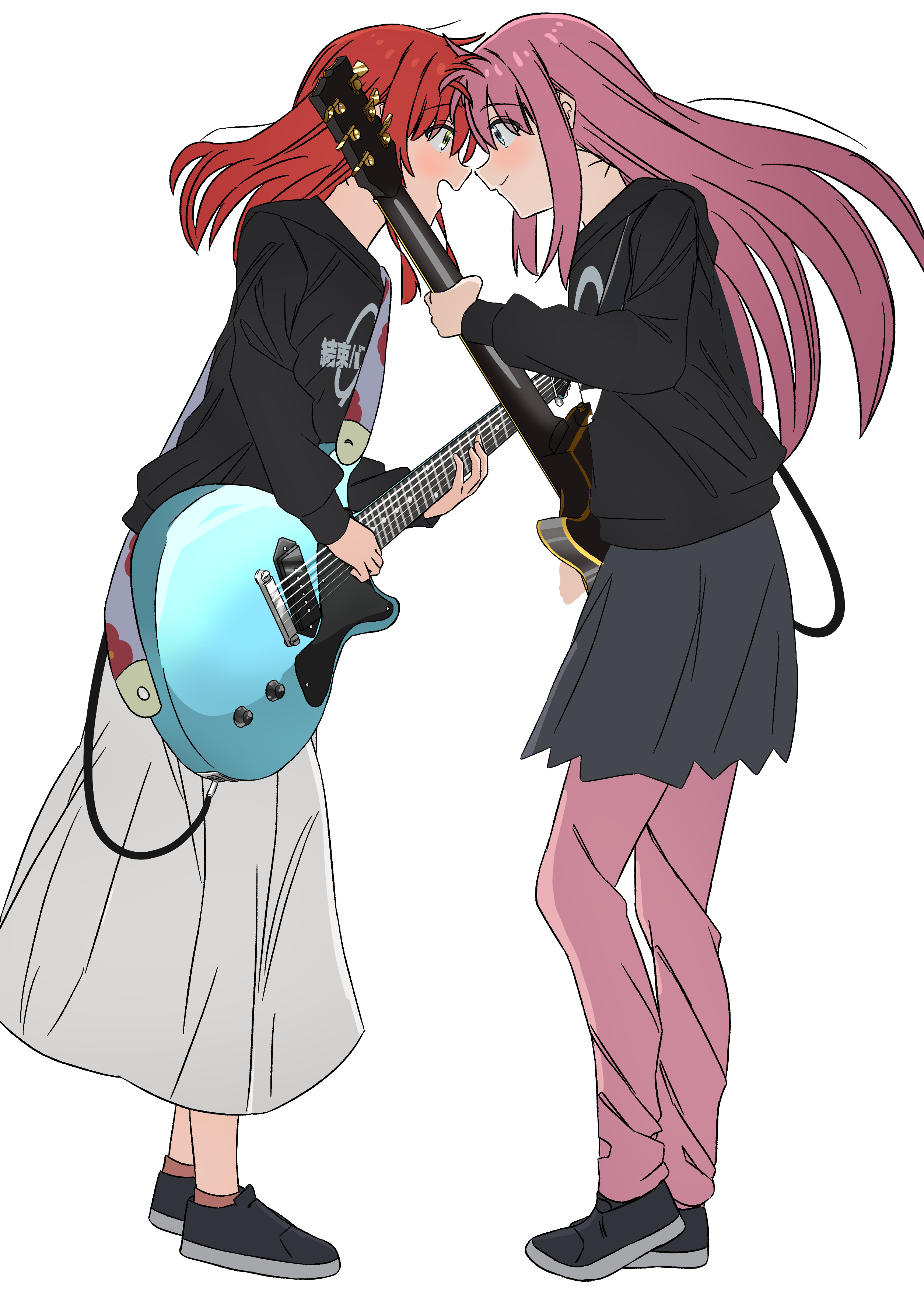 ryoo 0526, gotoh hitori, kita ikuyo, bocchi the rock!, absurdres, commentary, highres, 2girls, black shoes, closed mouth, electric guitar, eye contact, forehead-to-forehead, from side, gibson les paul, grey skirt, guitar, heads together, holding, holding guitar, holding instrument, instrument, kessoku band t-shirt, long hair, long skirt, long sleeves, looking at another, multiple girls, official alternate costume, open mouth, pants, pants under skirt, pink hair, pink pants, pleated skirt, print shirt, red hair, shirt, shoes, simple background, skirt, smile, standing, white background, white skirt