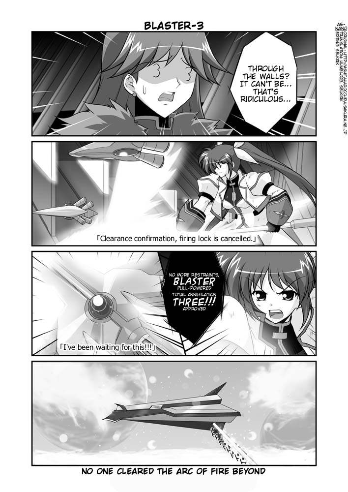 mikage takashi, numbers (nanoha), quattro (nanoha), raising heart, raising heart (blaster bit), raising heart (exceed mode), takamachi nanoha, takamachi nanoha (exceed mode), lyrical nanoha, mahou shoujo lyrical nanoha, mahou shoujo lyrical nanoha strikers, hard-translated, third-party edit, translated, 00s, 2girls, 3 3, comic, energy wings, english text, fingerless gloves, gloves, greyscale, jacket, magical girl, monochrome, multiple girls, open clothes, open jacket, planet, spacecraft, twintails, white devil, wings