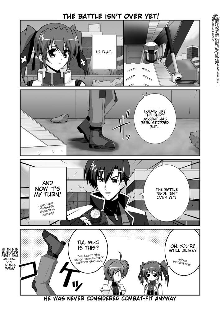 mikage takashi, subaru nakajima, teana lanster, vice granscenic, lyrical nanoha, mahou shoujo lyrical nanoha, mahou shoujo lyrical nanoha strikers, hard-translated, third-party edit, translated, 00s, 1boy, 2girls, comic, english text, greyscale, jacket, magical girl, military, military uniform, monochrome, multiple girls, open clothes, open jacket, twintails
