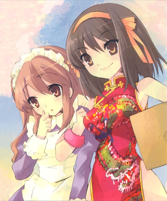 ito noizi, asahina mikuru, suzumiya haruhi, suzumiya haruhi no yuuutsu, non-web source, novel illustration, official art, 00s, 2girls, bare shoulders, brown eyes, brown hair, china dress, chinese clothes, cloud, cloudy sky, day, dress, hairband, locked arms, long hair, long sleeves, maid, maid headdress, multiple girls, orange hairband, short hair, sky, wristband