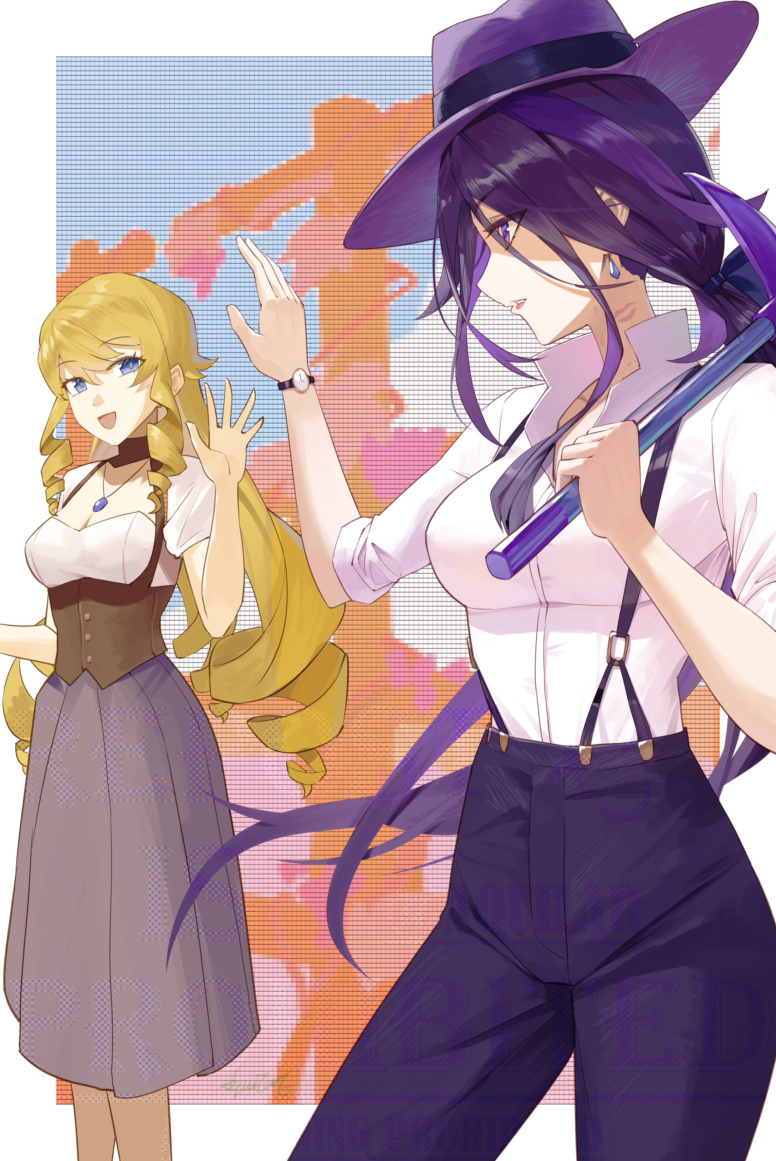 aquilar, clorinde (genshin impact), navia (genshin impact), genshin impact, stardew valley, absurdres, highres, 2girls, blonde hair, breasts, cleavage, dress, jacket, long hair, multicolored eyes, multiple girls, open mouth, pants, purple eyes, purple hair, shirt, white shirt, yuri