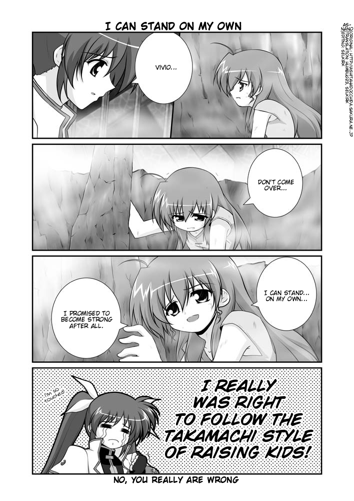 mikage takashi, takamachi nanoha, vivio, lyrical nanoha, mahou shoujo lyrical nanoha, mahou shoujo lyrical nanoha strikers, hard-translated, third-party edit, translated, 00s, 2girls, = =, ahoge, comic, crying, english text, fingerless gloves, gloves, greyscale, jacket, magical girl, monochrome, multiple girls, open clothes, open jacket, streaming tears, tears, twintails