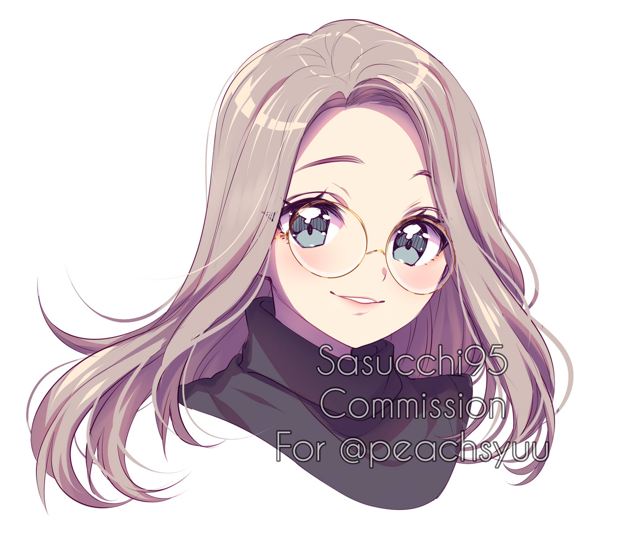 sasucchi95, original, commentary, commission, english commentary, highres, 1girl, :d, artist name, black sweater, blonde hair, blush, cropped shoulders, curtained hair, eyebrows hidden by hair, glasses, grey eyes, grin, lips, long hair, looking at viewer, open mouth, parted bangs, raised eyebrows, round eyewear, simple background, smile, solo, straight hair, sweater, turtleneck, turtleneck sweater, watermark, white background, yellow-framed eyewear