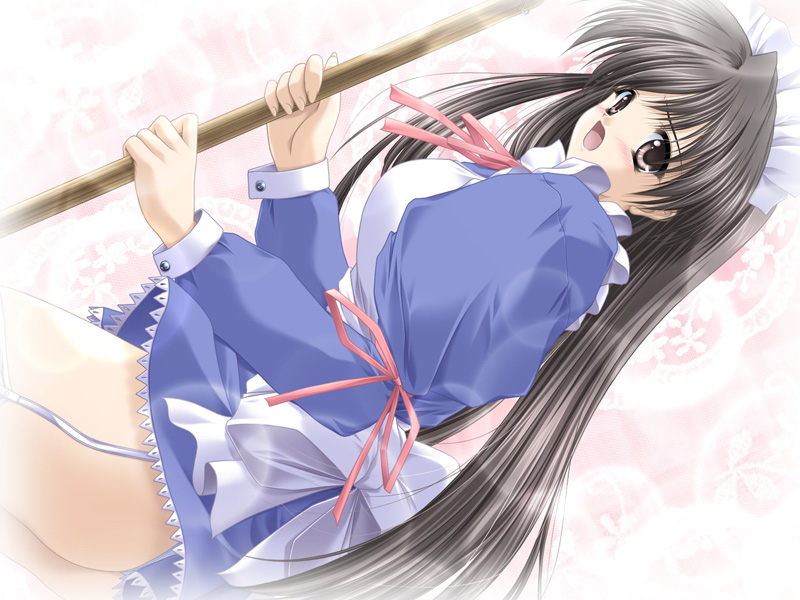 aoi hatori, nursery song, game cg, non-web source, 1girl, black hair, broom, brown eyes, dutch angle, female focus, long hair, maid, panties, pantyshot, solo, thighhighs, underwear