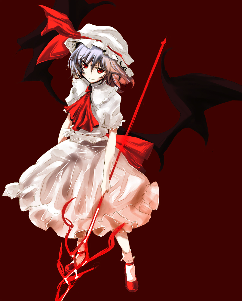 asagi (kabocha oukoku), hisago (pixiv), remilia scarlet, touhou, bad id, bad pixiv id, 1girl, female focus, hat, polearm, ribbon, short hair, solo, spear, spear the gungnir, vampire, weapon, wings