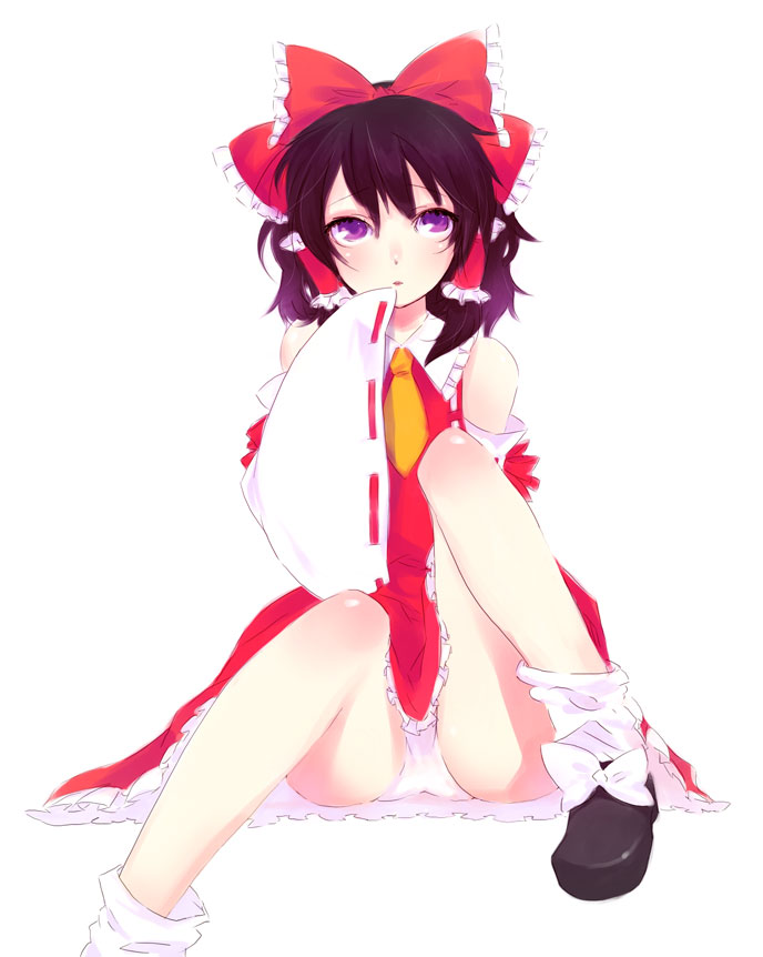 b. matsushita, matsushita mino, hakurei reimu, touhou, bad id, bad pixiv id, 1girl, ascot, female focus, hand to own mouth, japanese clothes, loose socks, miko, panties, pantyshot, ribbon, simple background, sitting, socks, solo, underwear, white background, yellow ascot