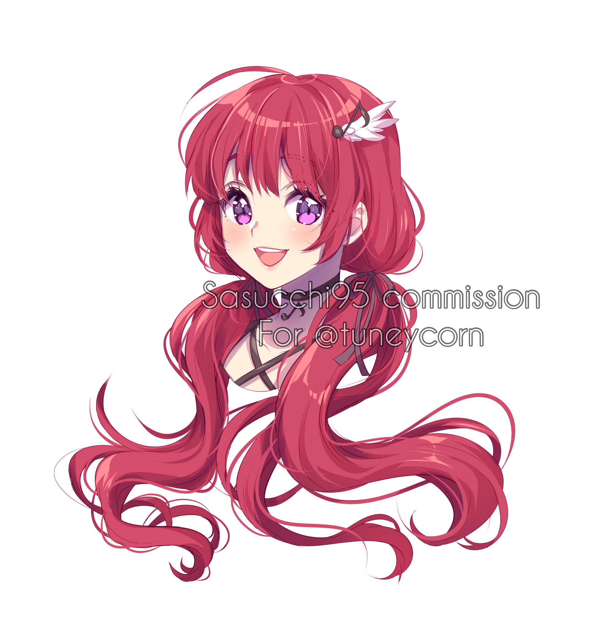 sasucchi95, original, commentary, commission, english commentary, highres, 1girl, :d, ahoge, artist name, black choker, black ribbon, blush, choker, criss-cross halter, cropped head, fortissimo, hair between eyes, hair ornament, hair ribbon, halterneck, long hair, looking at viewer, low twintails, musical note, musical note hair ornament, open mouth, purple eyes, red hair, ribbon, simple background, smile, solo, swept bangs, teeth, tongue, twintails, upper teeth only, watermark, wavy hair, wing hair ornament