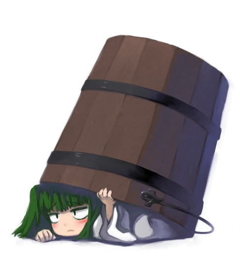 shiden, kisume, touhou, 1girl, blush, bucket, female focus, green hair, hiding, in bucket, in container, lying, short hair, simple background, solo, white background