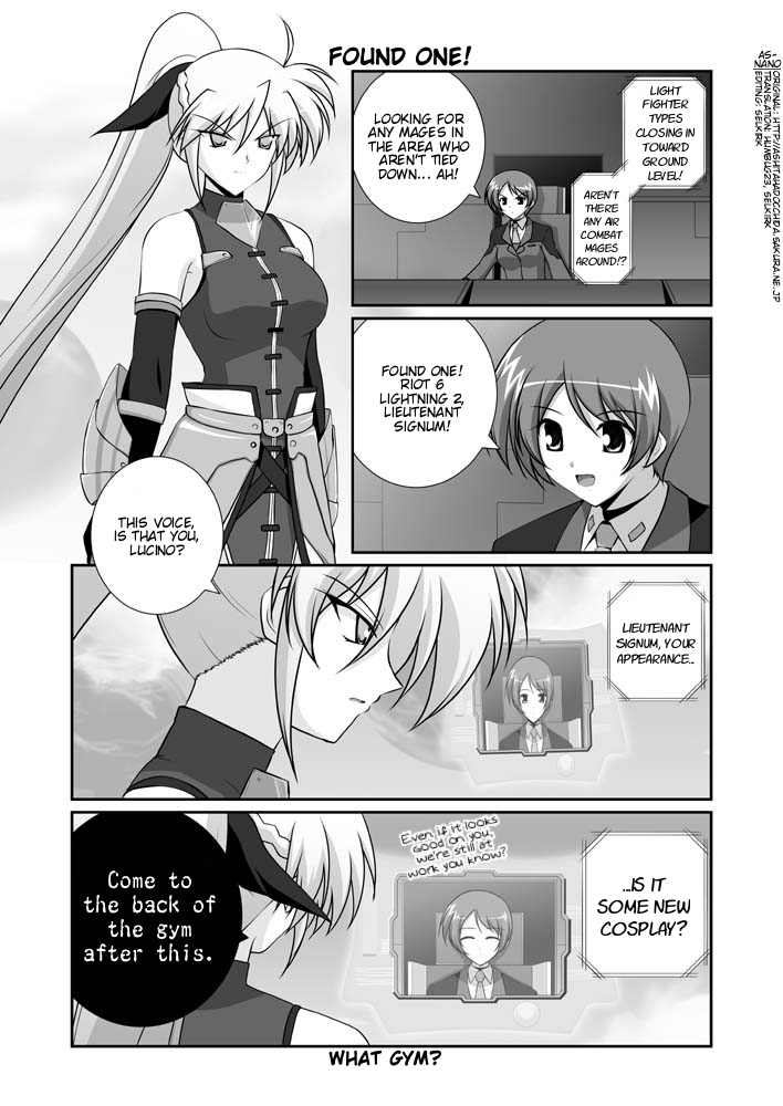 mikage takashi, lucino liilie, signum, lyrical nanoha, mahou shoujo lyrical nanoha, mahou shoujo lyrical nanoha strikers, hard-translated, third-party edit, translated, 00s, 2girls, closed eyes, comic, english text, fingerless gloves, gloves, greyscale, magical girl, military, military uniform, monochrome, multiple girls, ponytail, unison (nanoha), waist cape