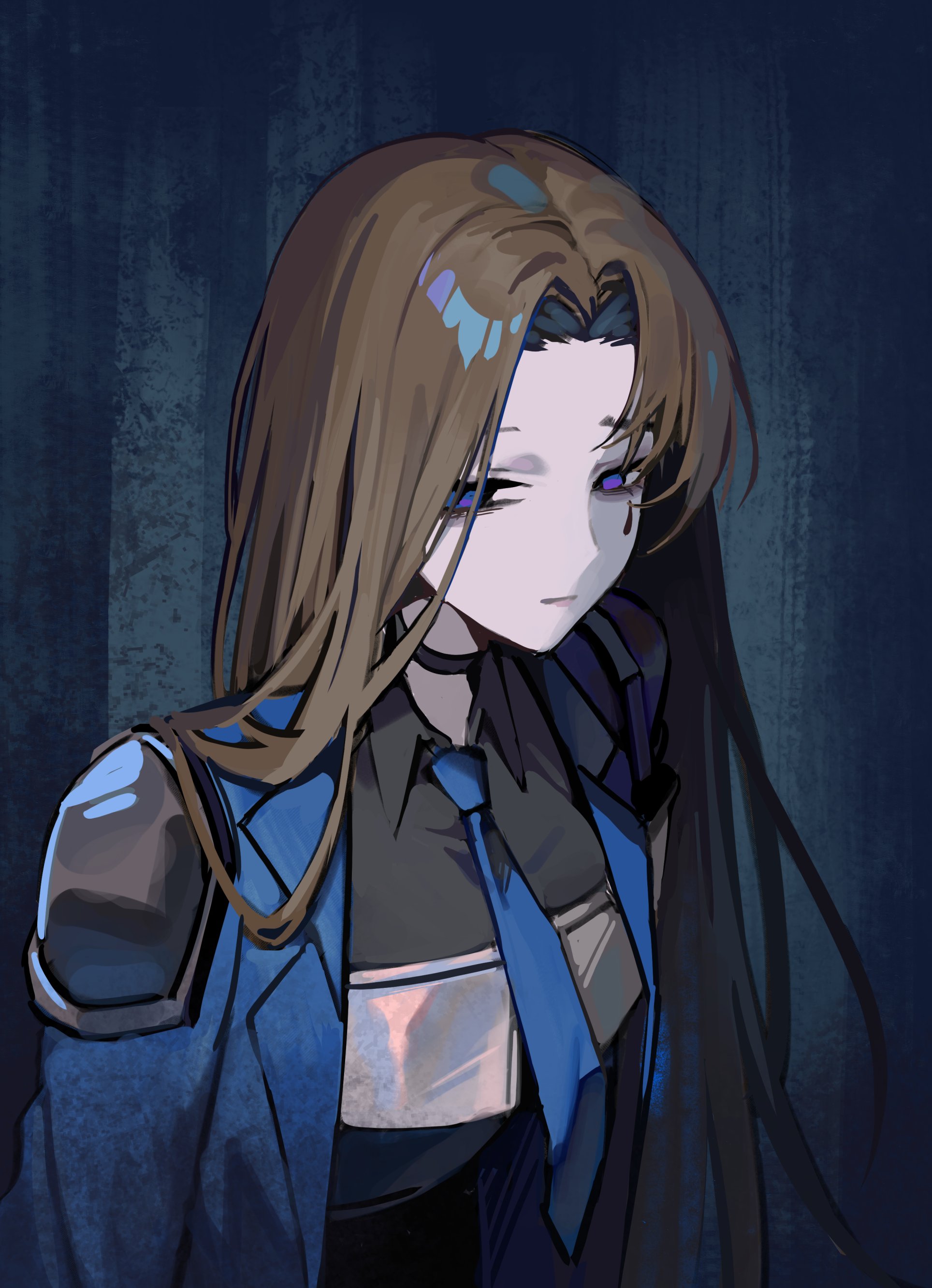 may.l, rodion (project moon), limbus company, project moon, absurdres, highres, 1girl, armor, black shirt, blue background, blue coat, blue eyes, blue necktie, brown hair, closed mouth, coat, collared shirt, e.g.o (project moon), long hair, looking at viewer, necktie, parted bangs, shirt, shoulder armor, simple background, solo, teardrop facial mark, the sword sharpened with tears (e.g.o), upper body