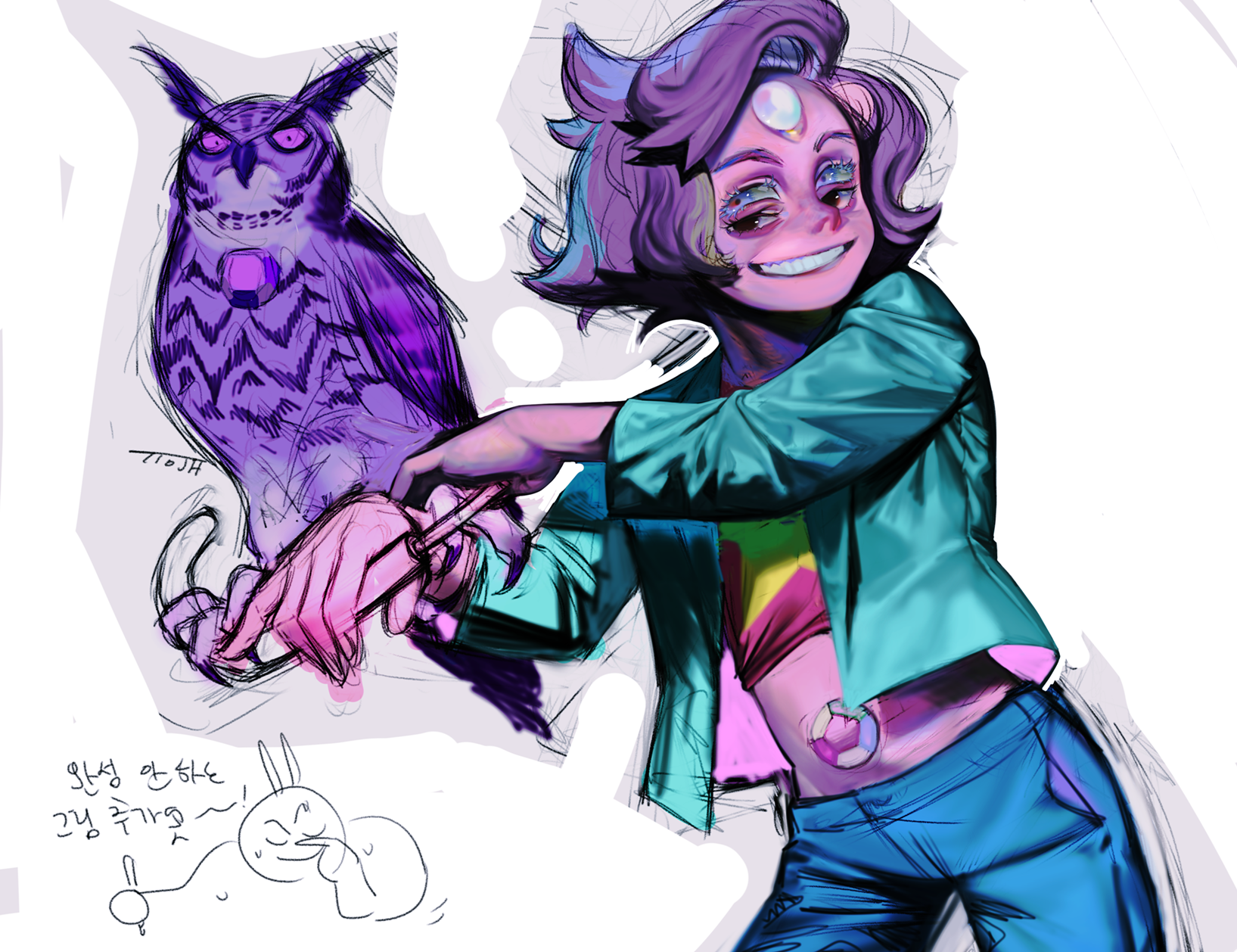 tto ja, amethyst (steven universe), steven universe, highres, 1other, bird, colored skin, cropped shirt, extra eyes, gem (steven universe), grin, jacket, opal (gemstone), owl, pink skin, purple hair, rainbow quartz 2.0, smile