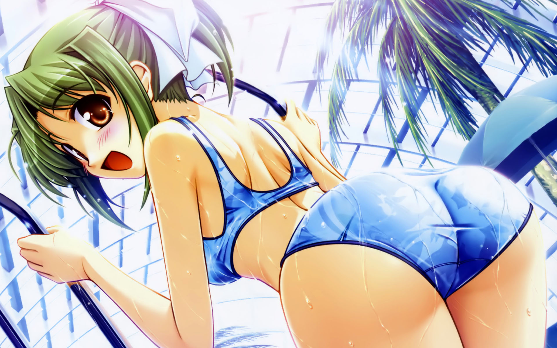 bekkankou, tooyama midori, yoake mae yori ruri iro na, highres, non-web source, ass, back, bikini, blue bikini, blush, brown eyes, dutch angle, from behind, green hair, hair ribbon, happy, looking back, midriff, palm tree, ponytail, ribbon, short hair, solo, swimsuit, tree, wet