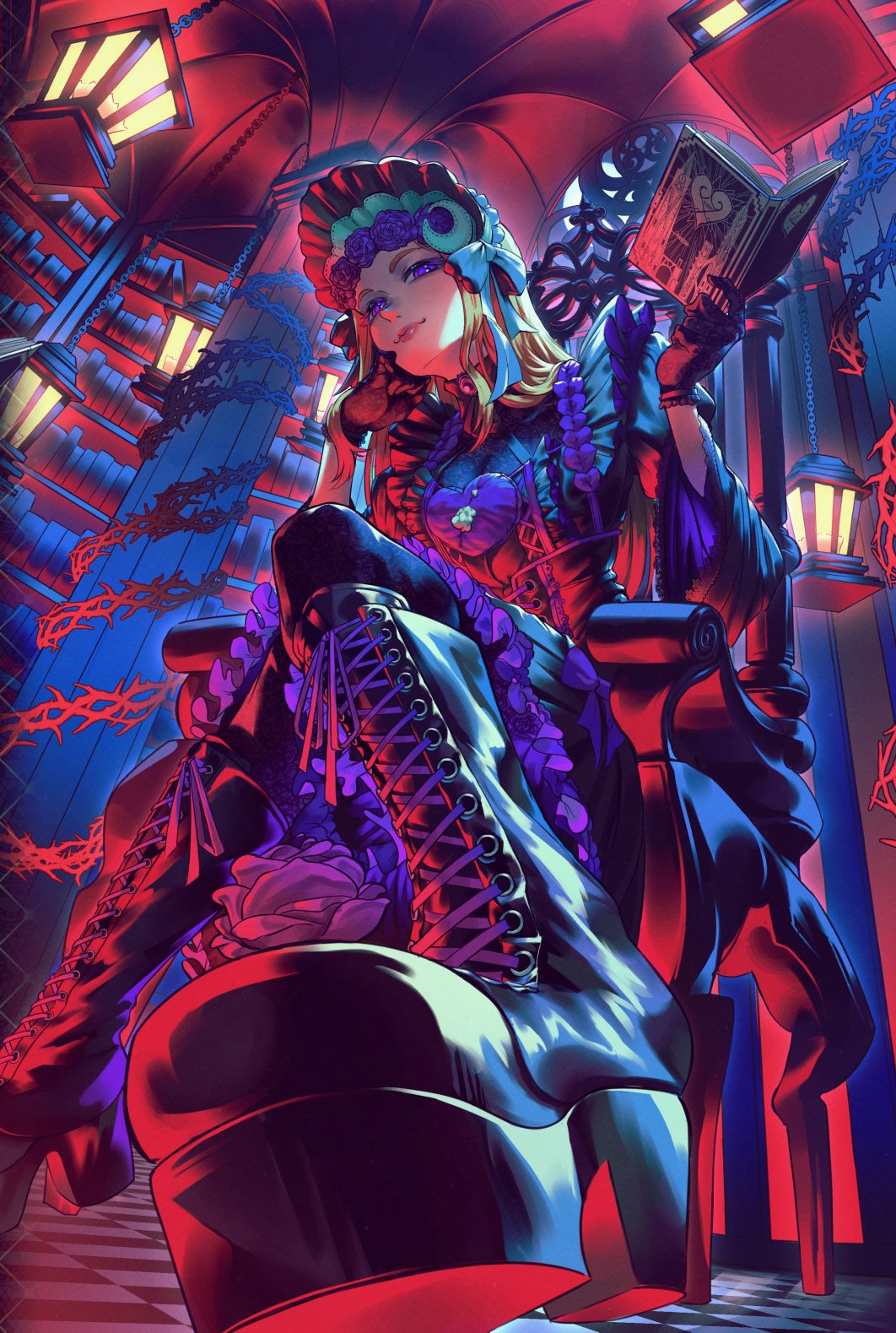 andrich galam, mifune chihaya, persona, persona 5, commentary, english commentary, highres, 1girl, black dress, black gloves, blonde hair, bonnet, boots, chair, dress, eyelashes, frilled dress, frills, gloves, gothic lolita, hairband, indoors, laces, lips, lolita fashion, lolita hairband, long hair, platform boots, purple eyes, sitting, smile, solo