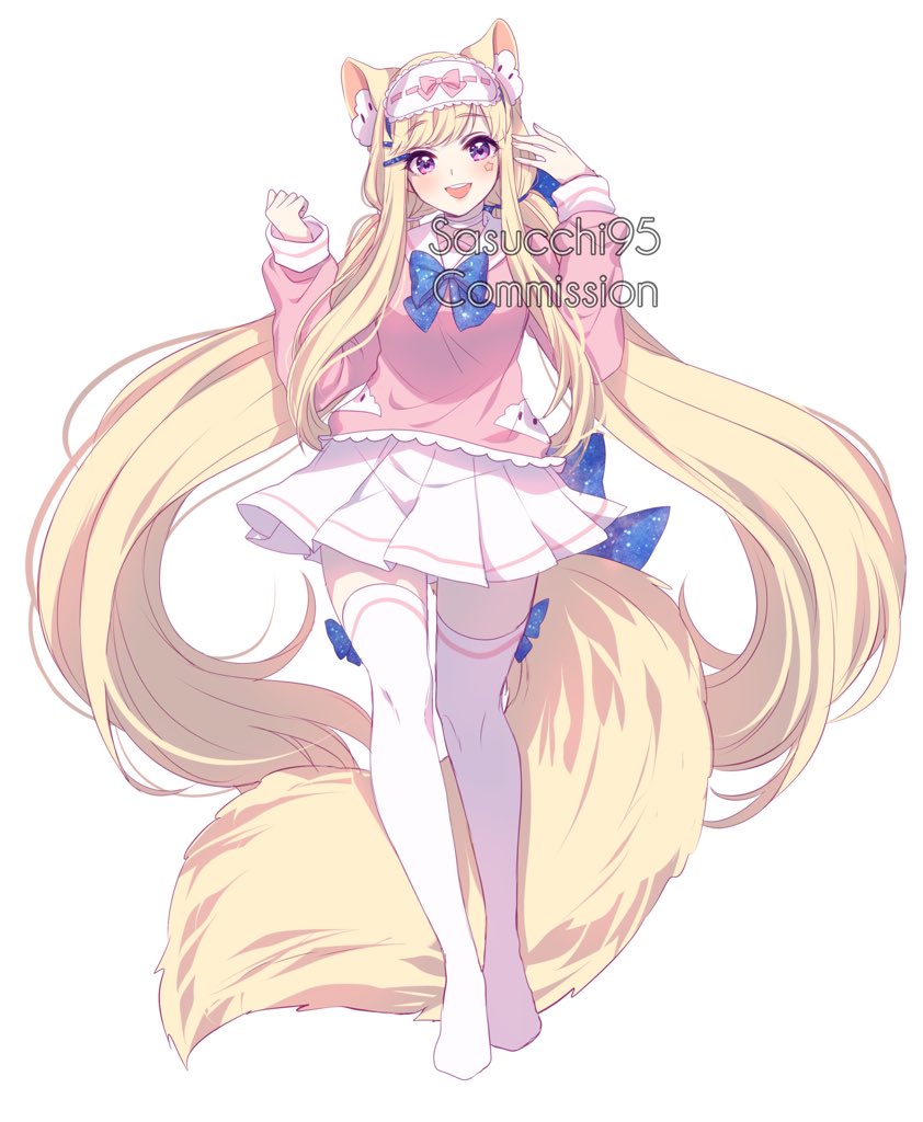 sasucchi95, gacha (series), gacha club, gacha life, original, commentary, commission, english commentary, 1girl, :d, absurdly long hair, animal ear fluff, animal ears, artist name, blonde hair, blue bow, blue bowtie, blush, bow, bow legwear, bowtie, breasts, clenched hand, facial mark, fox ears, fox girl, fox tail, from below, full body, hair ornament, hair tie, hands up, long hair, long sidelocks, long sleeves, looking at viewer, low twintails, miniskirt, no shoes, open mouth, pink bow, pink shirt, pleated skirt, puffy long sleeves, puffy sleeves, purple eyes, sailor collar, senpaibuns, shirt, sidelocks, simple background, skirt, sleep mask, small breasts, smile, solo, standing, star (symbol), star facial mark, swept bangs, tail, teeth, thighhighs, twintails, upper teeth only, very long hair, watermark, white background, white sailor collar, white skirt, white sleeve cuffs, white thighhighs, yellow tail, zettai ryouiki