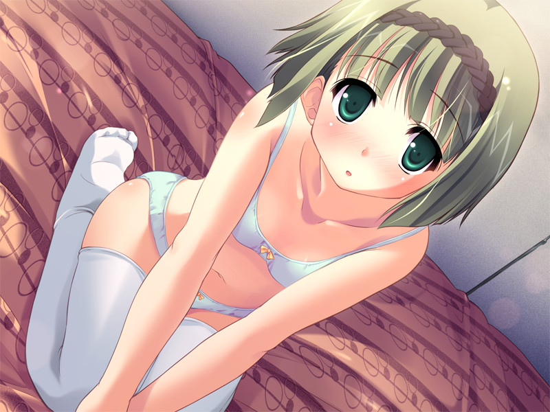 tougarashi hideyu, tsurugi hagane, urashima kanome, harukazedori ni tomarigi wo, game cg, non-web source, 1girl, :o, blush, bow, bow bra, bow panties, bra, collarbone, dutch angle, feet, female focus, flat chest, green bra, green eyes, green hair, green panties, hairband, kneeling, lingerie, looking up, matching hair/eyes, navel, open mouth, panties, seiza, short hair, sitting, solo, thighhighs, underwear, underwear only, v arms, white thighhighs