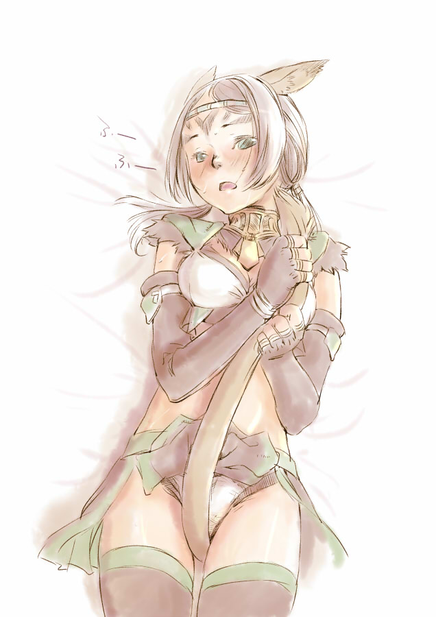 branch (blackrabbits), mithra (ff11), final fantasy, final fantasy xi, bad id, bad pixiv id, 00s, 1girl, animal ears, between legs, blush, circlet, elbow gloves, female focus, gloves, green eyes, panties, short hair, solo, tail, tail between legs, thighhighs, underwear, white panties