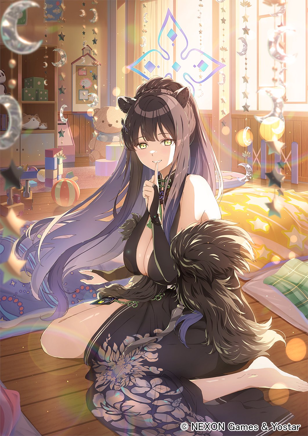 narumi nanami, shun (blue archive), blue archive, twitter, highres, official art, 1girl, animal ears, ball, bare legs, barefoot, black dress, black hair, blanket, breasts, dress, green eyes, halo, index finger raised, large breasts, looking at viewer, sitting, sleeveless, solo, stuffed animal, stuffed toy, teddy bear, window