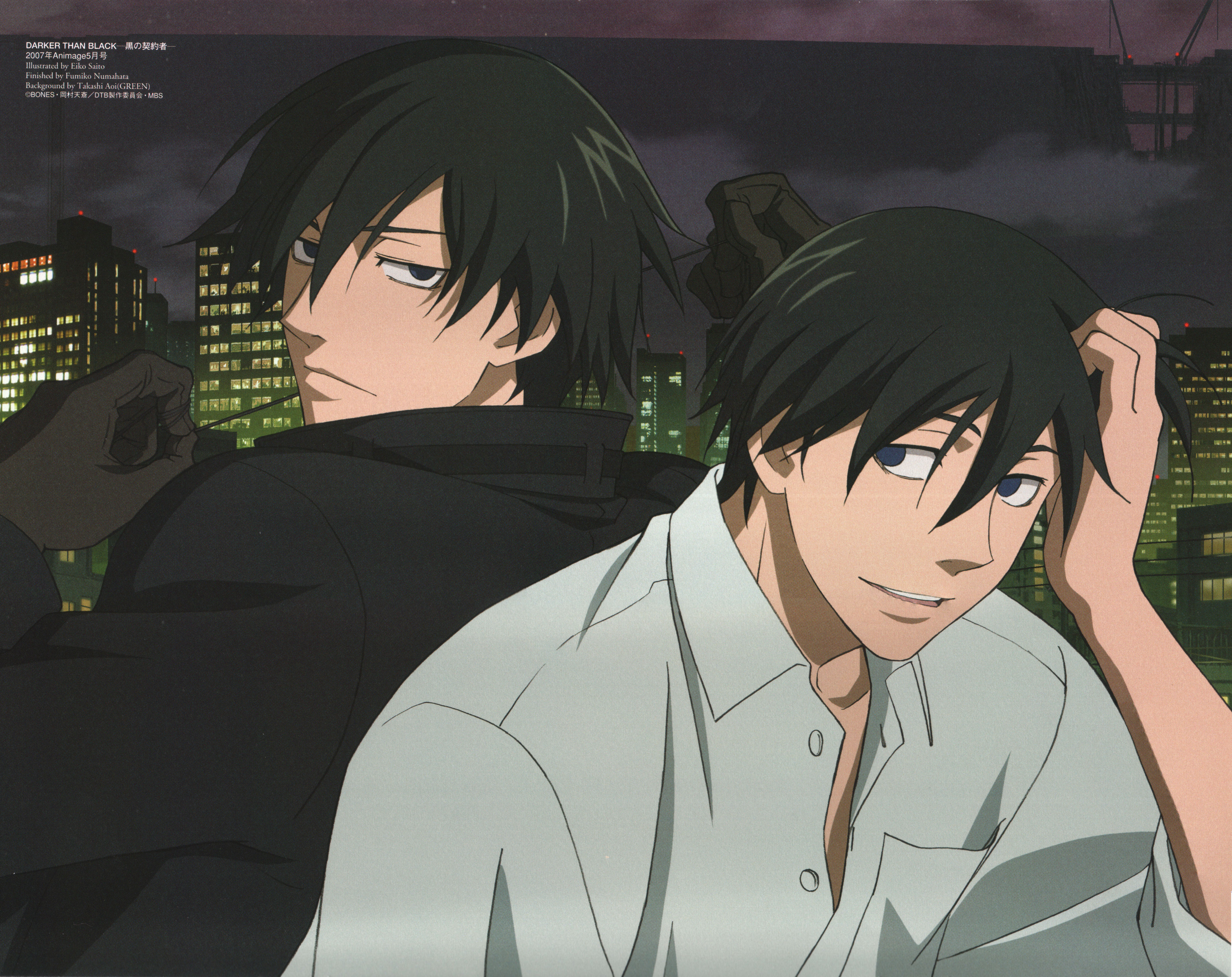 saito eiko, hei (darker than black), darker than black, absurdres, highres, scan, 00s, 1boy, blouse, breast pocket, collared shirt, copyright name, dated, dual persona, hair between eyes, half-closed eyes, hand on own head, male focus, parted bangs, pocket, shirt, sleeves rolled up, white shirt