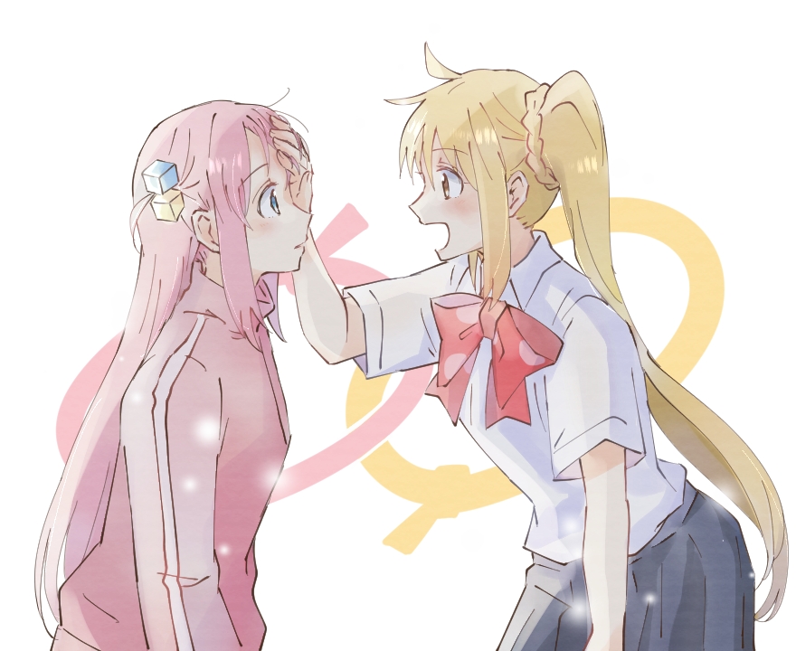 appleajyuxxxx, gotoh hitori, ijichi nijika, bocchi the rock!, commentary request, 2girls, blush, bow, bowtie, braid, cube hair ornament, eye contact, grey skirt, hair ornament, hand on another's forehead, jacket, long hair, long sleeves, looking at another, multiple girls, open mouth, parted lips, pink hair, pink jacket, polka dot, polka dot bow, polka dot bowtie, red bow, red bowtie, school uniform, shimokitazawa high school uniform, shirt, short sleeves, side ponytail, sidelocks, simple background, skirt, standing, straight hair, track jacket, venus symbol, very long hair, white background, white shirt, yuri