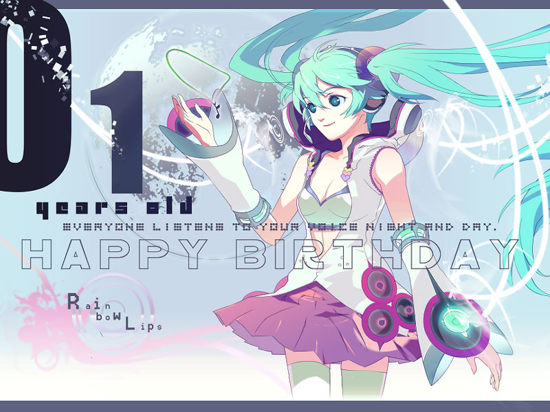 119, 1ten, magifuro, hatsune miku, hatsune miku (galaxy), vocaloid, 1girl, aqua eyes, aqua hair, birthday, blue eyes, blue hair, detached sleeves, female focus, headphones, hood, hoodie, matching hair/eyes, skirt, solo, thighhighs, twintails, zettai ryouiki