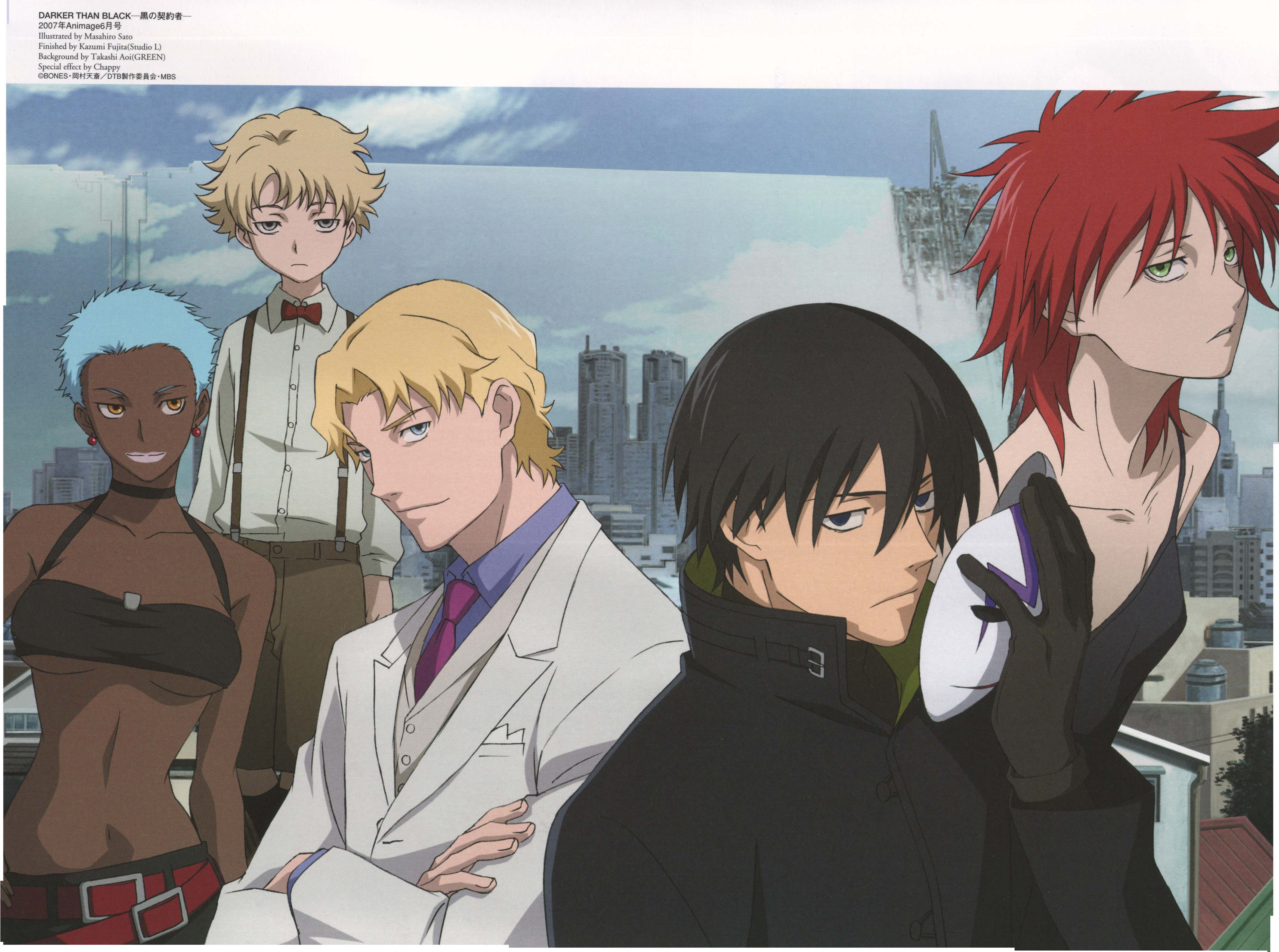 sato masahiro, april (darker than black), havoc (darker than black), hei (darker than black), july (darker than black), november 11 (darker than black), darker than black, absurdres, highres, official art, scan, 00s, 2girls, 3boys, bags under eyes, blonde hair, blue hair, child, dark skin, mask, multiple boys, multiple girls, red hair