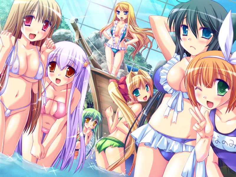 miyasu risa, doppuri nakadashi gakuen sensou, game cg, 6+girls, bikini, blush, breasts, cleavage, multiple girls, pool, slingshot swimsuit, swimsuit, v, wink