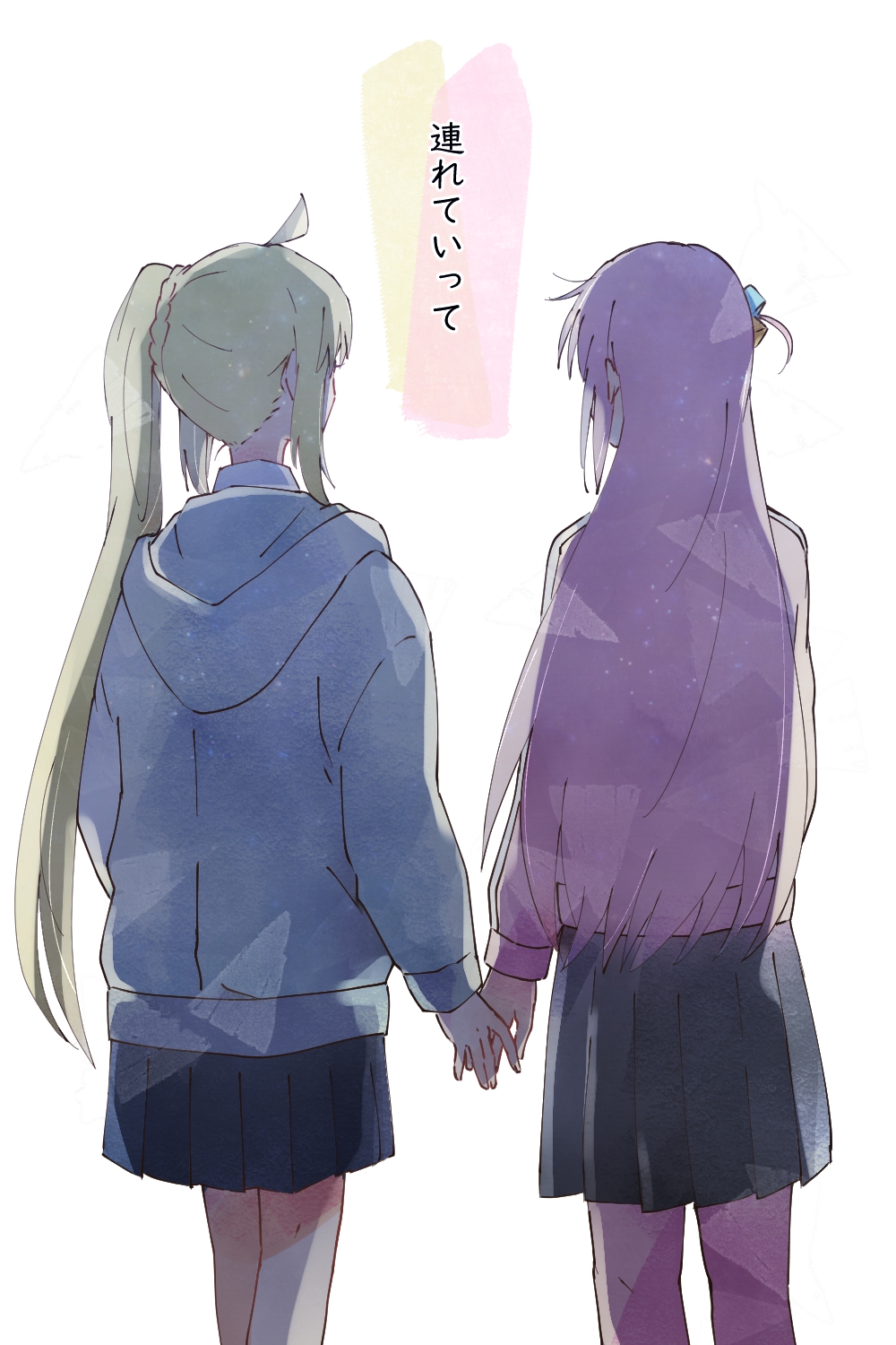appleajyuxxxx, gotoh hitori, ijichi nijika, bocchi the rock!, commentary request, highres, translation request, 2girls, black skirt, blonde hair, cube hair ornament, from behind, grey hoodie, hair ornament, holding hands, hood, hoodie, long hair, long sleeves, multiple girls, pants, pants under skirt, pink pants, pleated skirt, side ponytail, simple background, skirt, speech bubble, standing, straight hair, white background, yuri