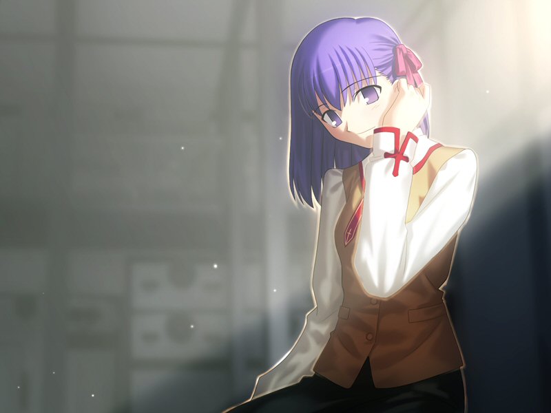 takeuchi takashi, matou sakura, fate/stay night, fate (series), game cg, 00s, 1girl, female focus, homurabara academy school uniform, matching hair/eyes, purple eyes, purple hair, school uniform, serafuku, solo, sunlight